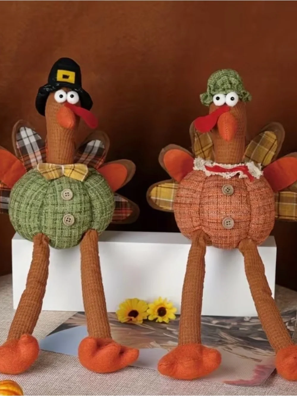 NWT Green and Orange Fall Plush Thanksgiving Turkey Pair